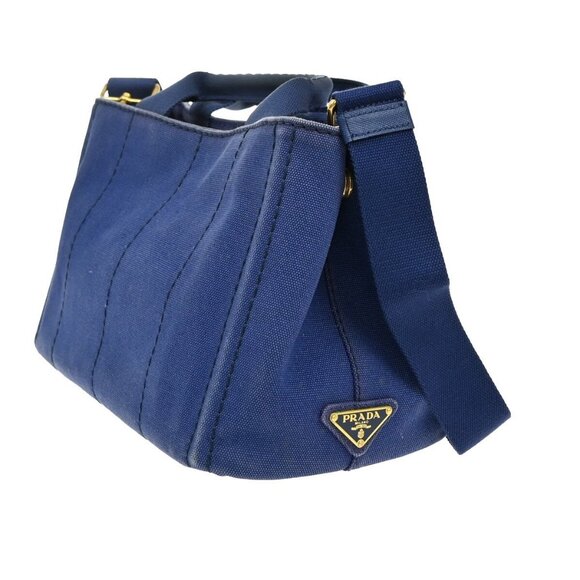 PRADA Logo CANAPA 2Way Shoulder Hand Bag Canvas Leather Blue GHW Italy - Picture 5 of 6